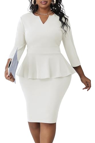 Runwind Womens Plus Size Dresses, Work Church Professional Business Office Vintage Peplum Sheath Dress V Neck 3/4 Sleeve White 4XL