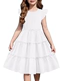 Arshiner Girls Ruffle Sleeve Dress Tiered Swing Casual Summer White Wedding Guest Sundress with Pockets