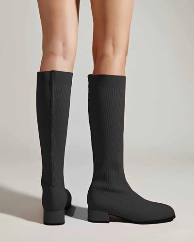 Women's Knee High Knit Chunky Heel Non-Slip Boots - Warm Stretch Winter Booties, Slip-Resistant Sole for Commute & Casual Wear3