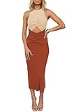 HUUSA Sleeveless Crewneck Hollow Out Tank Dresses for Women Sexy Color Block High Slit Criss Cross Twist Bodycon Ruched Ribbed Knit Club Night Out Dress Beige/Burnt Orange M