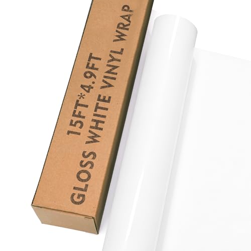 Image of Car Wrap Vinyl, 15ft x 4.9ft Gloss White Vinyl Wrap for Cars - Bubble Free Vehicle Sheet Roll for Body Protection, Scratch Resistance (Gloss White)
