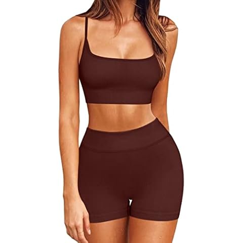 Ribbed Seamless Gym Sets for Women 2 Piece Workout Yoga Strappy Sport Bra and High Waisted Biker Shorts Sets Sportswear Ribbed Coffee Large Cover