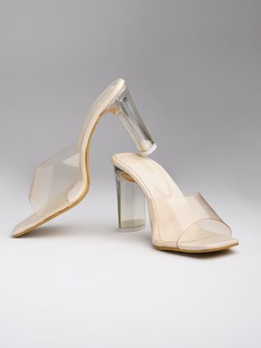 Image of Shoetopia Women's Transparent Block Heels | Stylish Square Toe Slip-On Party Comfortable Sandals