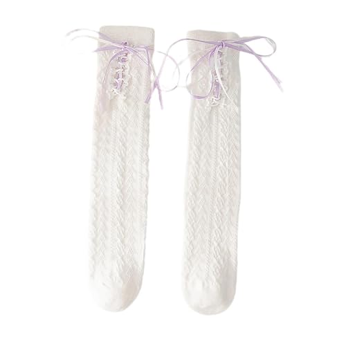 Muloo Bows Tie On Knee High Socks Kids Cotton Calf Socks Sweet Long Boot Socks Stockings Loose Socks Princesses Socks Gifts, Purple