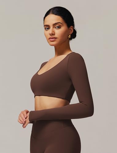 Image of ABOCIW Women Square Neck Long Sleeve Workout Crop Top Low Medium Impact Athletic Yoga Gym Shirts with Built in Bra(ONLY TOP)