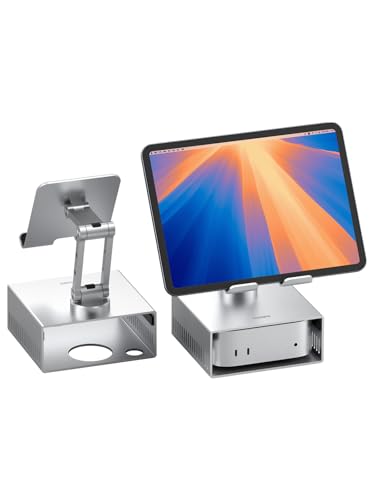 Hagibis Tablet Stand for iPad Pro Air, Mac mini M4/M4 Pro Stand Storage Metal Desktop Holder 360° Adjustable Foldable Multifunction Bracket