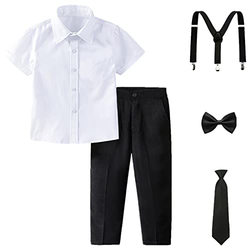 Image of amropi Boy Tuxedo Outfit 5-Piece Long Sleeve Bow-Tie Shirt and Suspender Pants Set for Age 1-13 Years