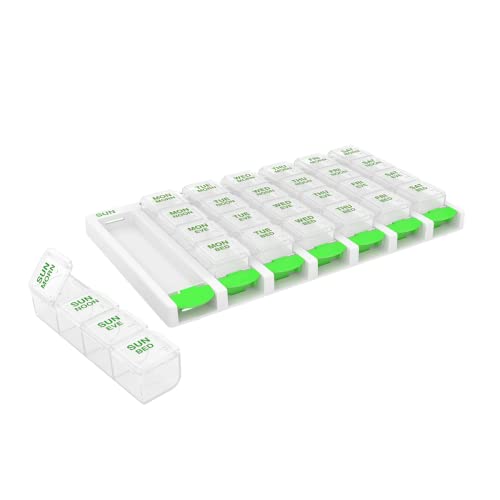 Image of EZY DOSE Weekly (7 Day) 4 Times a Day Push Button Pill Organizer and Vitamin Planner, Removable Daily Pillboxes, Green, Convenient and Easy to Use, Clear Lids, Large, BPA Free
