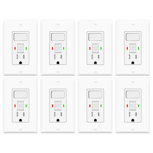 8 Pack GFCI Outlet with Light Switch - 15 Amp Tamper-Resistant Self-Test GFI Switch Combo, LED Indicator, Ground Fault Circuit Interrupter, ETL Listed, White
