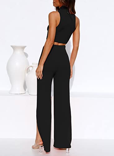 ARTFREE Womens 2 Piece Outfits Sets Casual Sweatsuits Streetwear, Ribbed Knit Palazzo Wide Leg Pants and Cropped Tops4