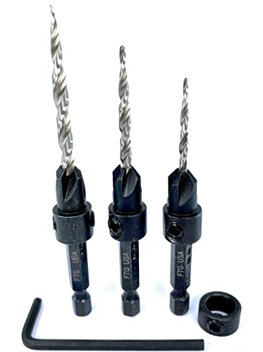 Image of FTG USA 3 Pc Wood Countersink Drill Bit Set #4#6#8 with 3 /8 inch Depth Stop | Includes sizes #4, #6, and #8 tapered bits. Comes with an adjustable 3 /8 inch depth stop collar and hex key tool