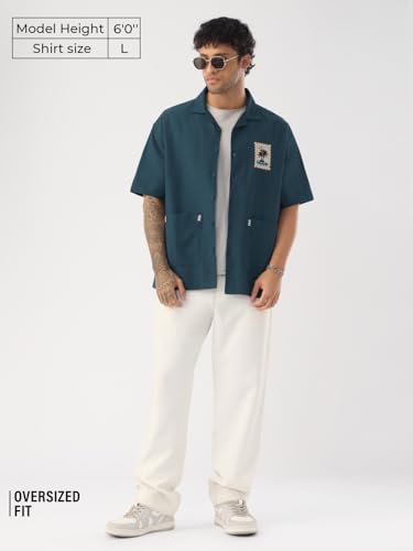 Image of The Souled Store Beach Vibes Men and Boys Short Sleeve Cuban Collar Button Front Blue Embellished Cotton Linen Oversized Shirt