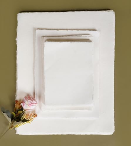 Image of Handmade Cotton Deckle Edge Paper, A4 Size, Set of 20, White (A4)