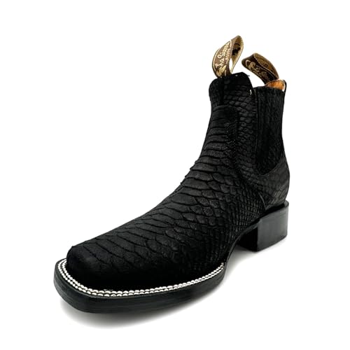 Men’s Genuine Leather Square Toe Embossed Python Snake Print Short Ankle Cowboy Boot