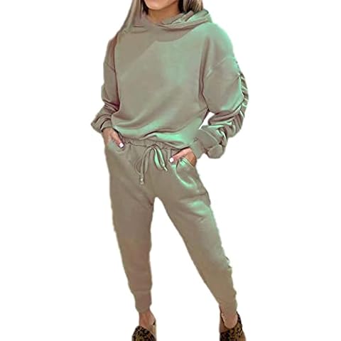 Womens Activewear Hooded Tracksuit 2pcs Gym Suit Ladies Winter Wear Ruched Sleeve Top Joggers Set Khaki UK 8-10 Cover
