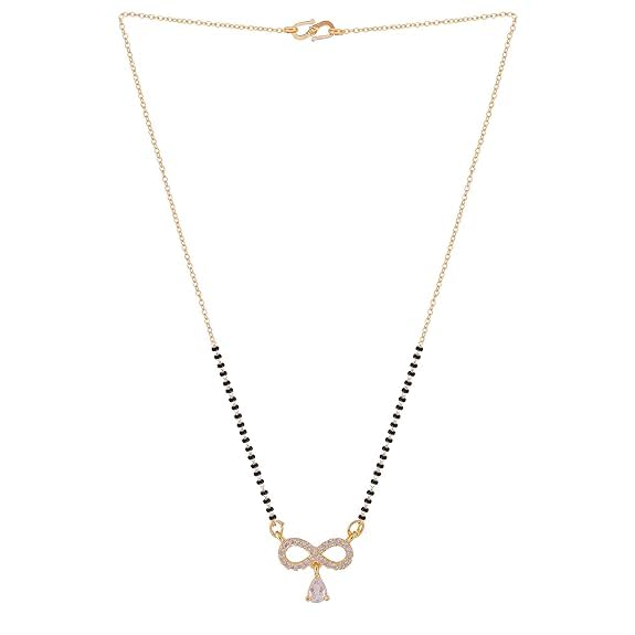 18k Rose Gold Plated Traditional Single Line American Diamond Pendant with Black Bead Chain Mangalsutra for Women