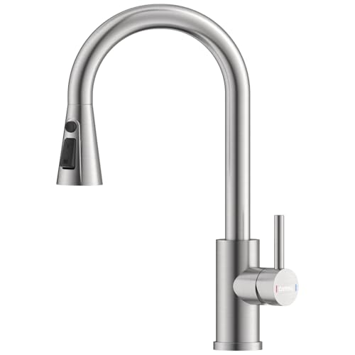 DAYONE Grifo de cocina extensible de alta presión giratorio 360° con 3 tipos de chorro, grifo monomando con caño de arco alto para cocina, acero inoxidable cepillado