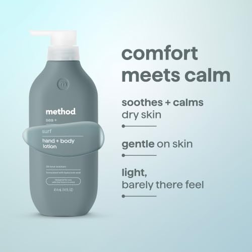 Image of method Hand + Body Lotion for Men, Sea + Surf, 14 fl oz | Delivers 24 Hour Moisture, Formulated With Hyaluronic Acid and Shea Butter, Softens Skin, Made without Parabens