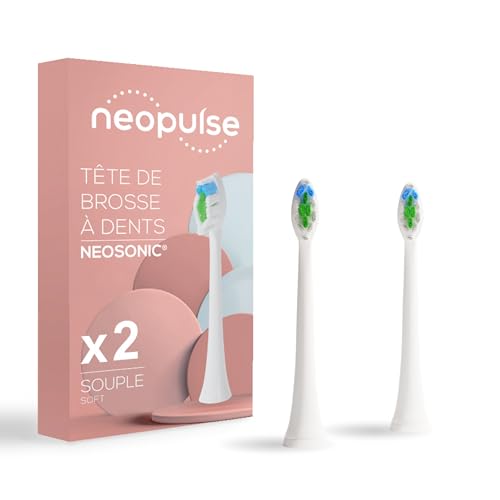 NEOPULSE® - Lot de 2 Recharges de Têtes de Brosse Souples Blanches en Nylon pour Brosse à Dents Électrique Sonique NEOSONIC® - Compatible NEOKIDS® - 3D : Brins courts et longs - Indicateur d'Usure