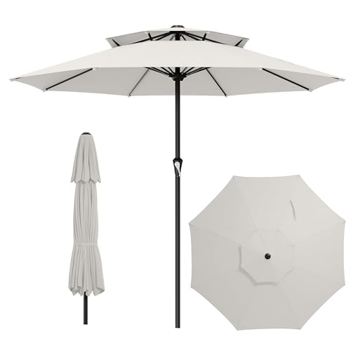 Image of AreShark 11ft 2 Tiers Patio Umbrella - Outdoor Umbrella Waterproof UV Protection, Market Table Umbrella w / 8 Sturdy Ribs&Crank for Pool, Porch, Garden(Ivory)