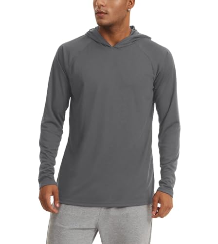 KEFITEVD Tops Casuales de Manga Larga con Protección UV para Hombres con Capucha Verano UPF 50+ Sun Protect Safari Camisetas Gris Oscuro