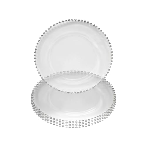 WedDecor Set di 6 piatti piani trasparenti da 33 cm con bordo in perline argentate, stoviglie rotonde in acrilico per presentazioni, set di 6 piatti piani per matrimoni, eventi, banchetti e