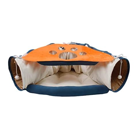 TANZEDMI Cat Bed, Pet Tunnel Bed, Foldable and Washable Cat Bed with Tunnel and 2 Hanging Scratching Balls,Orange / Blue Cover