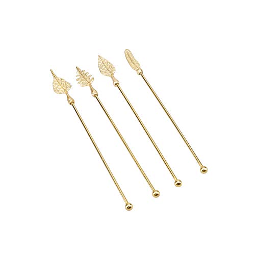 Image of Barcraft Premium Cocktail Stirrers in Gift Box for thinKitchen, Leaf Design, Stainless Steel, Gold Coloured, Set of 4