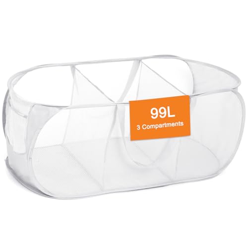 Image of Durable Collapsible Foldable Mesh Pop Up Laundry Basket, 3 Compartments Easy to Carry & Sort Clothes Hampers for Home, Dorm, Travel White