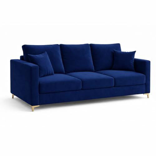 Image of Hayes Rich Velvet Suede 3 Seater Sofa | Golden Aesthetic Legs | Spacious Soft Touch Comfort Seating | Modern Sofa for Living Room (Dark Blue)