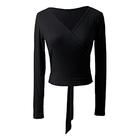 Jowowha Adult Ballet Wrap Top Dance Wrap Top Crossover Cardigan Long Sleeve for Womens Girls Black A S Cover
