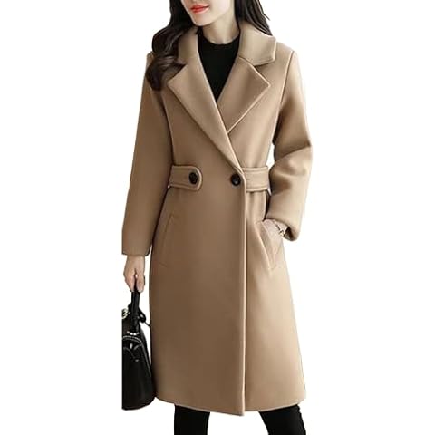 Maiyifu-GJ Women's Elegant Notched Lapel Pea Coat Mid-Length Thicken Warm Wool Blend Coats Fall Winter Casual Long Overcoat (Khaki,Large) Cover