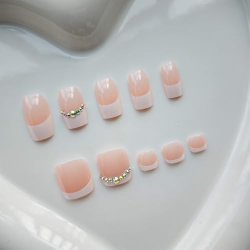 Image of 48 Pcs Square Press on Nails & Press on Toenails White French Tip Glue on Nails with Rhinestone Design Glossy Fake Nails Artificial Acrylic Full Cover Stick on Toe Nails for Women Summer Manicure