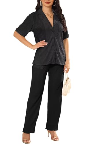 Ekaliy Women's 2 Piece Casual Pleated Outfits Short Sleeve Button Down Shirt High Waist Wide Leg Trouser Sets Suit2