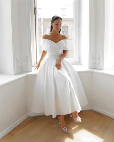 Image of Women's Off Shoulder Wedding Dress for Bride Tea Length A Line Satin Formal Prom Dresses with Pockets
