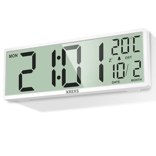 XREXS Orologio Digitale da Parete da 14,5 pollici, Calendario, Temperatura, Funzione DST, Funzionamento a Batteria, per Camera da Letto, Soggiorno, Aula, Ufficio (Bianco)
