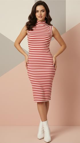 Image of NUEVOSDAMAS Red Striped Sleeveless Ribbed Bodycon Midi Dress