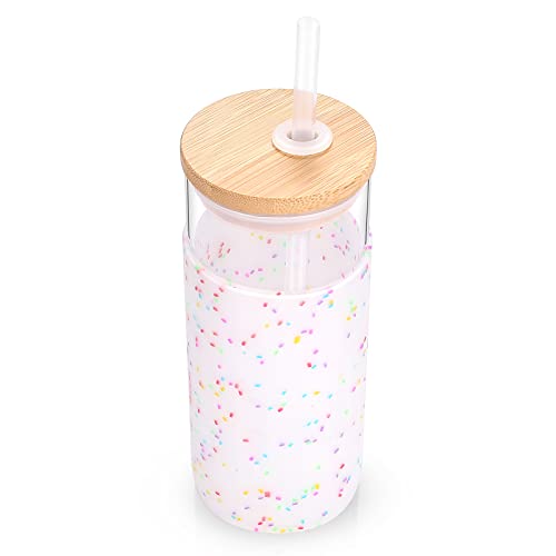 Tronco 20 oz Glass Tumbler with Lid and Straw, Iced Coffee Cup and Smoothie Cup with Bamboo Lids & Protective Silicone Sleeve, Dishwasher Safe, BPA-Free, Glass Cup 1 Pack