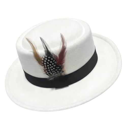 Cotilafi Classic Pork Pie Hat with Feathers Flat Top Fedora Vintage Panama Hats Warm Comfortable Jazz Cap White