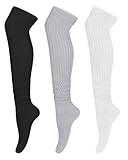 HRUTANE Womens Thigh High Socks Extra Long Knit Over Knee Stockings Winter Warm Thick Scrunch Slouch Soft Tall Leg Warmers, A-Black+Grey+White
