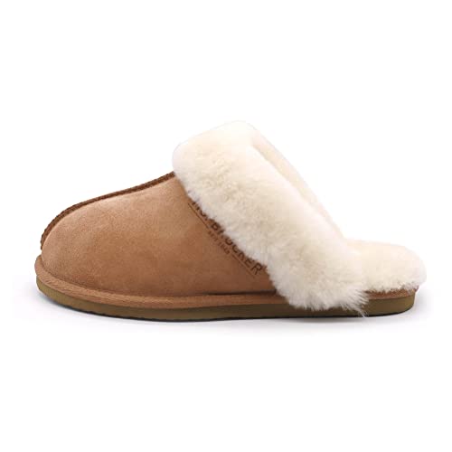 Hofbrucker warmer Lammfell Hausschuh für Frauen mit fester Sohle Obermaterial 100 % Lammfell in chestnut braun, Größe 36 Cover
