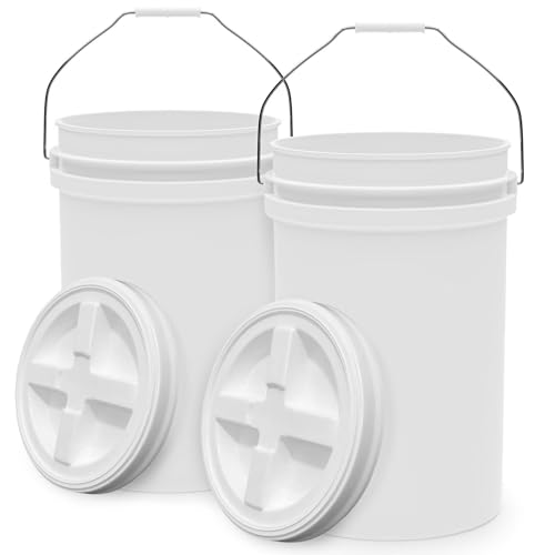 6.5-Gallon White Bucket Pail with Gamma Seal Screw on Airtight Lid, Heavy-Duty 90MIL Extra Durable, Food Grade, Metal Handles with Plastic Grip for Easy Carrying, Easy Stack &amp; Store, BPA Free - 2 Pack
