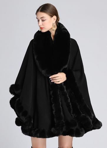 Image of Women Poncho Cape Faux Fur Collar Knitted Cardigan Sweater Batwing Long Sleeve Shawl Wrap Coat Oversized Cloak