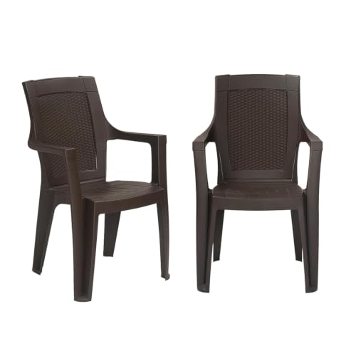 Image of INNOWIN Sweden Plastic Chair with Armrest | Pack of 2 | Strong & Durable | Modern Woven Back Design | Indoor & Outdoor Use | Living Room, Balcony, Garden Seating | Rust Brown | 3 Year Warranty