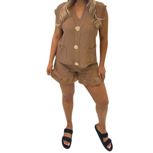 Survêtement boutons dorés et col en V au style sophistiqué avec haut texturé moka taille 36-38