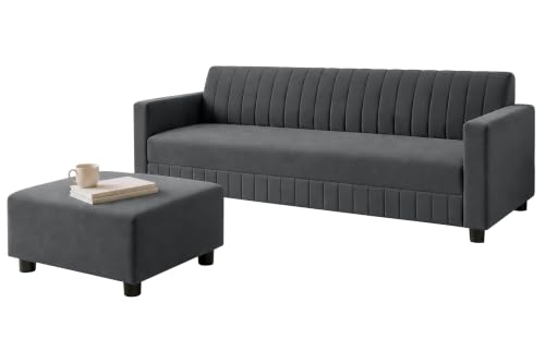 Image of Modern 3-Seater Velvet Sofa with Ottoman | Vertical Channel Tufted Backrest | Plush Cushioned Seating | Stylish Contemporary Sofa for Living Room, Bedroom & Office | Grey