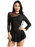 TiaoBug Maillots de Patinaje Danza Ballet Gimnasia Mujeres Chicas Leotardo Bodies con Falda Deportivo Manga Larga Cuello Halter Femeninas Elástico Negro XL
