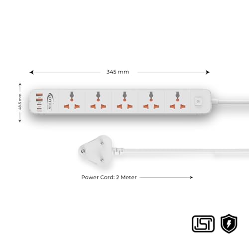 Image of OTEK VoltSafe 522 Extension Board with 5 Universal Sockets 2 USB & 2 Type-C Ports 2M Cord 2500W 10A Surge Protector Power Strip Charging Station with Safety Shutter for Home Office White