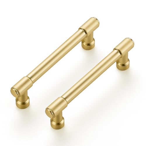 Image of Ravinte Brushed Gold Kitchen Pulls Cabinet Handles 3-3 /4 Inch 2 Pack | Solid Zinc Alloy, Round T-Bar Shape, Screws Included, Dresser Handles, Cabinet Drawer Pulls, for Kitchen Cupboard Hardware