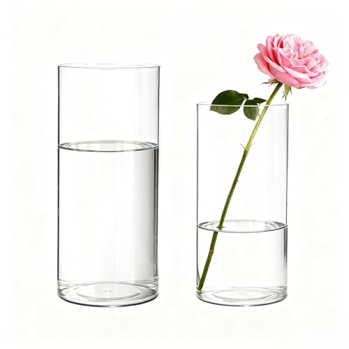 Koelaa 2 Piezas Jarrón Acrílico Transparente para Flores, Jarrones Decorativos Modernos Irrompibles, Florero Cilíndrico de Diseño Minimalista para Modernos Decoración de Mesa - 10 x 20 cm y 12 x 25 cm